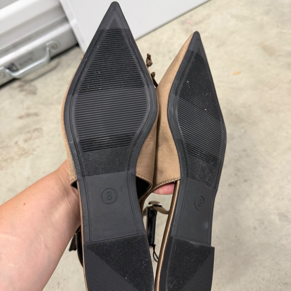 A New Day Camille Taupe Satin‎ Pointed Toe Slingback Bow Flats Shoes Womens 8 - Picture 3 of 6